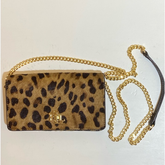 NWOT Lauren Ralph Lauren Leather Calf Hair Leopard Chain Crossbody Tech Bag $225 - Picture 2 of 15